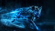 © VIK - In a dark background, a glowing hyena runs, surrounded by dynamic neon blue light trails.