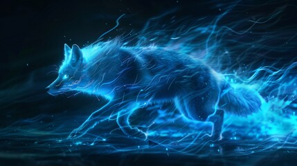 Dark, mystical surroundings are filled with a glowing blue fox.