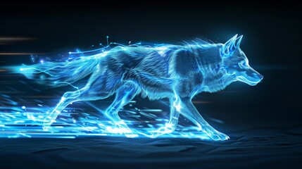 An energetic and dynamic scene is created with a neon-blue, glowing wolf in mid-run and streaks of light trailing behind.