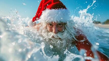 Santa Claus swimming in ocean waves wearing a Christmas hat, Concept of holiday celebration, tropical Christmas, festive spirit, Fun