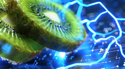 Luminescent neon blue glow illuminates sliced kiwi fruit, creating a surreal, futuristic setting.