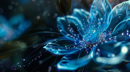 Wall Mural - There is a blue flower with intricate digital patterns glowing against a dark background, emitting light trails.