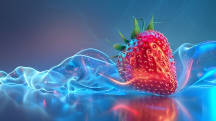 Wall Mural - In front of a dynamic blue background, a vibrant strawberry is enhanced with electric currents and glowing lines.