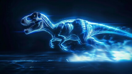 Wall Mural - Digital T-Rex running on a dark background surrounded by neon-blue light trails.