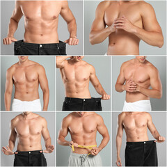 Poster - Sporty man with muscular torso on light grey background, closeup. Collage of photos