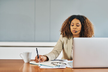 Canvas Print - Laptop, writing notes and woman receptionist in office for schedule, agenda or calendar. Contact us, planning and female secretary working on computer and journal for appointment setting or ideas.