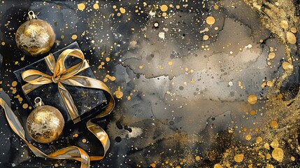 Wall Mural - Golden Christmas ornaments and elegant gift box on textured background. Concept of festive decoration, holiday season, luxury gift presentation. Copy space