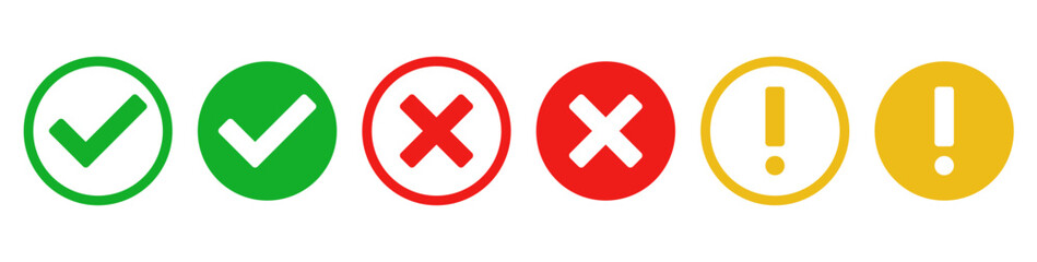 Wall Mural - check mark icon button set. check box icon with right and wrong buttons and yes or no checkmark icons in green tick box and red cross. exclamation mark information icon	
