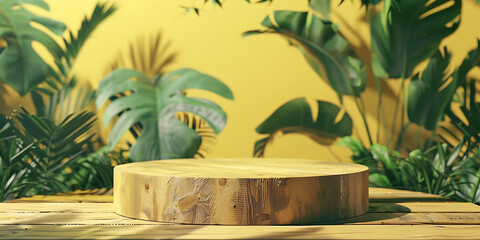 Round wooden podium with blurred tropical leaves background for product presentation, 3d rendering