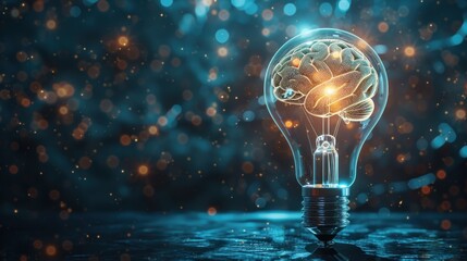 Glowing Brain Lightbulb with Glowing Particles on Dark Blue Background