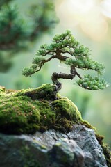 Wall Mural - Serene miniature bonsai tree on a moss-covered rock, showcasing the beauty of nature and Japanese gardening art.