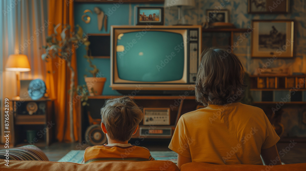 Family in 80s living room watching an old TV. Nostalgia and technology ...