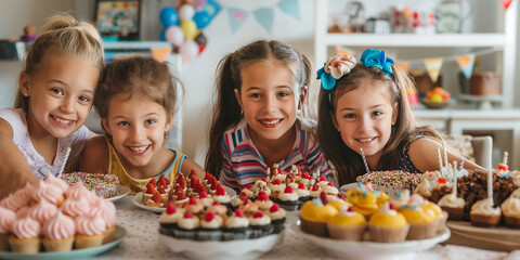 Group of cheerful happy kids in front of birthday party dessert table. Pastel colored birthday cupcakes and sweets decorated with colorful frosting.