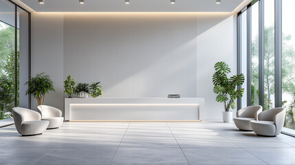 Poster - Modern and empty office reception interior with white reception desk