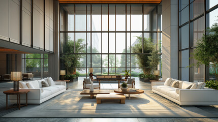 Aufkleber - Modern hotel lobby interior featuring comfortable seating and large windows