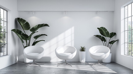 Poster - Minimalist waiting room interior with plants and sunlight