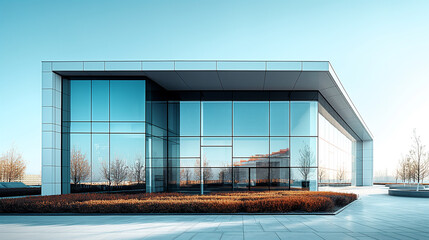 Poster - Modern office building exterior reflecting blue sky on a sunny day