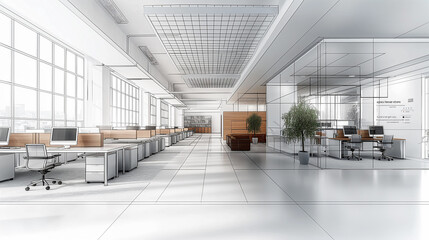 Poster - Architect sketching open plan office with furniture and computers