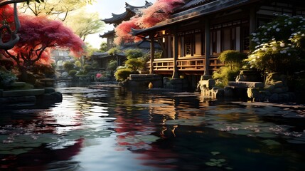 Wall Mural - Korean traditional garden with pond and wooden house. Panoramic view.