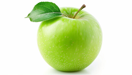 Fresh green apple with a single leaf on a white background crisp and juicy perfect for healthy snacks or cooking