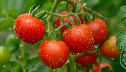 Ripe tomatoes on the vine with water droplets in a garden setting fresh and natural produce healthy and vibrant