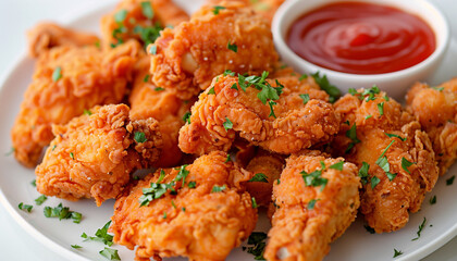 Plate of crispy fried chicken pieces with dipping sauce and herbs savory and golden delicious and crunchy meal