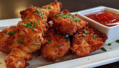  Plate of crispy fried chicken strips with dipping sauce garnished with herbs savory and crunchy delicious meal