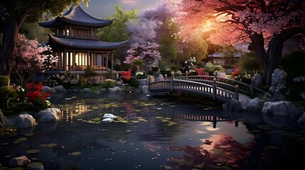 Wall Mural - Japanese garden with cherry blossom and pond. Panoramic image.