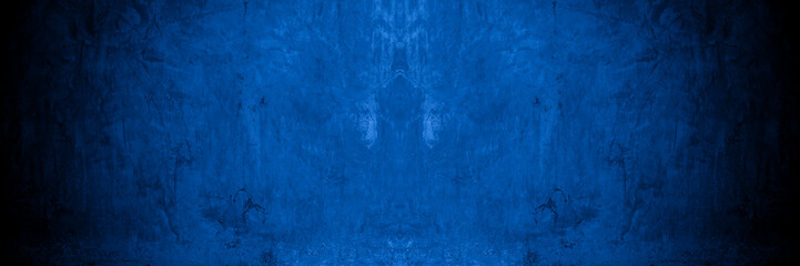 Wall Mural - Old wall pattern texture cement blue dark abstract  blue color design are light with black gradient background.