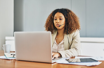 Poster - Laptop, headset and woman secretary in office for calls and email with client feedback. Contact us, talk and female receptionist working on computer for company online communication with business crm