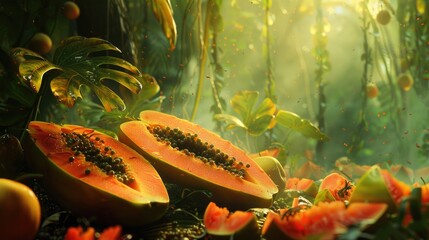 Wall Mural - Two pieces of ripe, yellow, and orange fruit, a watermelon and a cantaloupe, are on a leafy green background