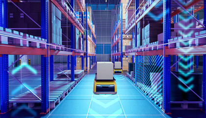 Wall Mural - Warehouse with robots. Futuristic storehouse. Robots transport parcels near racks. Warehouse future. Innovations in logistics sector. AGV machines for logistics. Futuristic fulfillment. 3d image