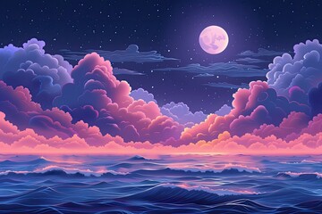 Wall Mural - a beautiful night sky with a large pink moon and a few stars. the sky is filled with clouds, giving 