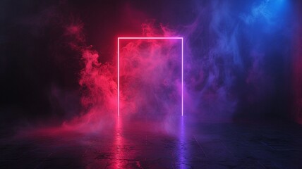 Wall Mural - An abstract scene featuring a doorway outlined by neon pink and blue lights, set against a dark, misty background