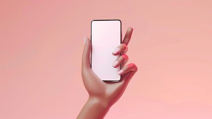 Wall Mural - 3D vector hand holding mobile phone isolated on purple background, Hand using smartphone with empty screen for mockup mobile pink concept. showcase 3d display minimal scene with device smartphone