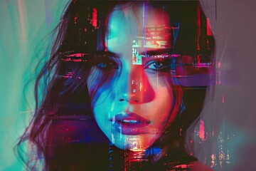 Sticker - AI generated illustration of a woman's face with vibrant colors and glitch effects