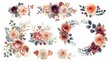 © jacka - Vintage watercolor set, slender bouquet of ranunculus flowers, chrysanthemums, roses, viburnum berries in gouache style on a white background