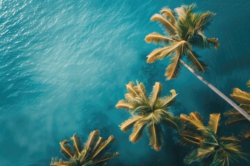 Wall Mural - A beautiful blue ocean with palm trees in the foreground. The palm trees are tall and have a lot of leaves. The water is calm and the sky is clear. Concept of relaxation and tranquility