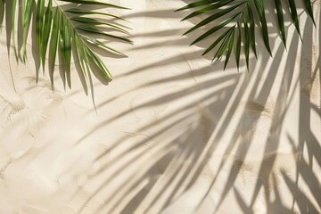 A palm tree leaf casts a shadow on a sandy beach. The shadow is long and stretches across the entire image