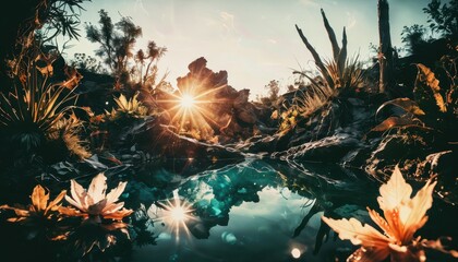 Canvas Print - Sunset over a Still Pond with Flowers.