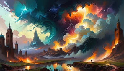 Poster - Fantasy Landscape with Lightning and Fire.