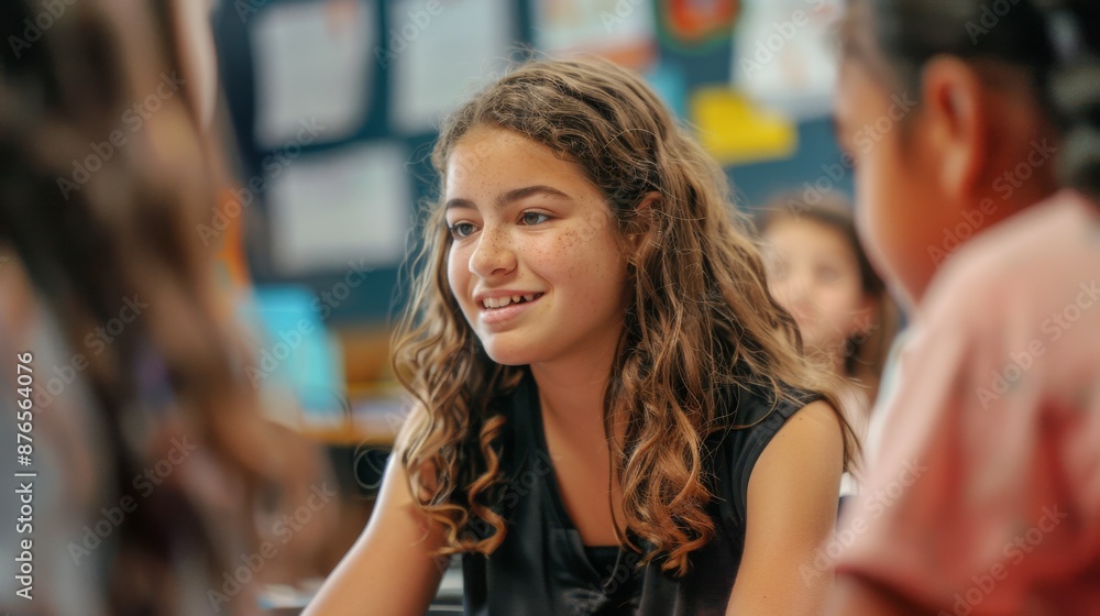 Young girl with curly hair passionately engaged in a conversation with ...