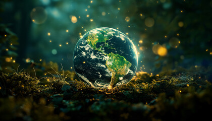  Earth glowing and sparkling in a lush forest, symbolizing a magical connection with nature and the planet.