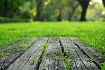 Wall Mural - A wooden board with grass growing on it. The image has a peaceful and natural feel to it