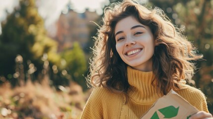 Sticker - happy smiling woman holding paper with a green recycle sign generative ai