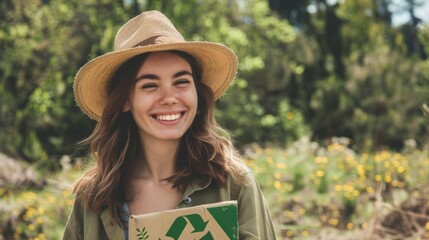 Sticker - happy smiling woman holding paper with a green recycle sign generative ai