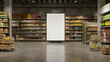 © sornram - Empty supermarket aisle with fully stocked shelves and a blank advertisement board in the center, ready for customization.