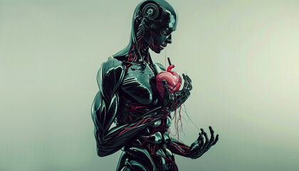 Cyborg holding a realistic human heart, highlighting the blend of technology and biology in a minimalistic background.