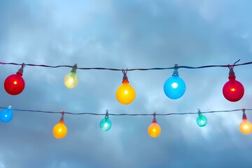 Colorful string lights hanging on a white sky background, in a closeup, top view. Bright colorful party light bulbs, Christmas decoration for an outdoor celebration or wedding ceremony decor.