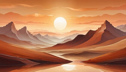 Canvas Print - Sunset Over Mountain Range with Lake Reflection.